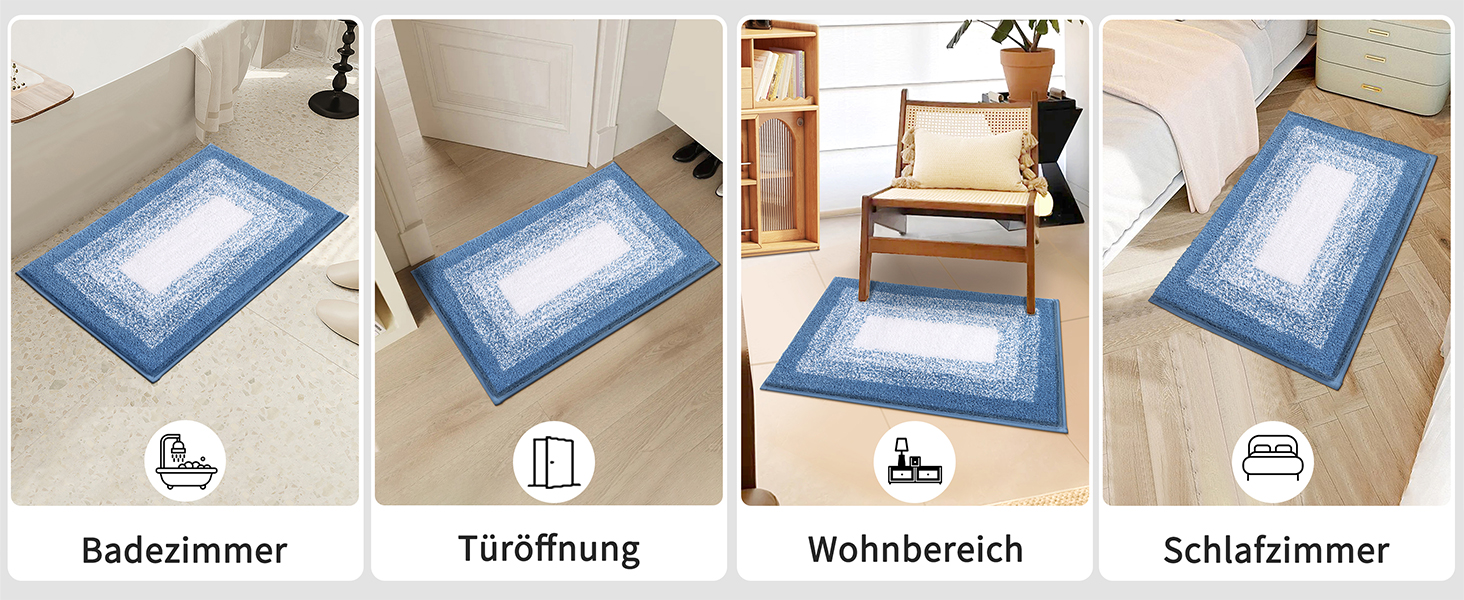 Super Soft Microfiber Bath Mat - Absorbent Non-Slip Bathroom Rug - Washable Shower Mat - 60x90cm Blue