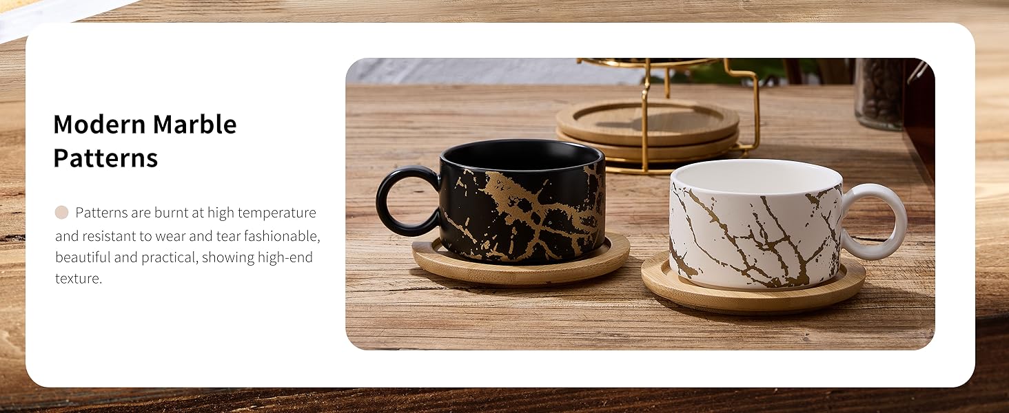 Набір чашок кавових Cappuccino HOME DECOR - 4 шт. по 160 мл з підставками та стійкою - 160 мл, кераміка, для еспресо, капучино, лате, мармурова колекція