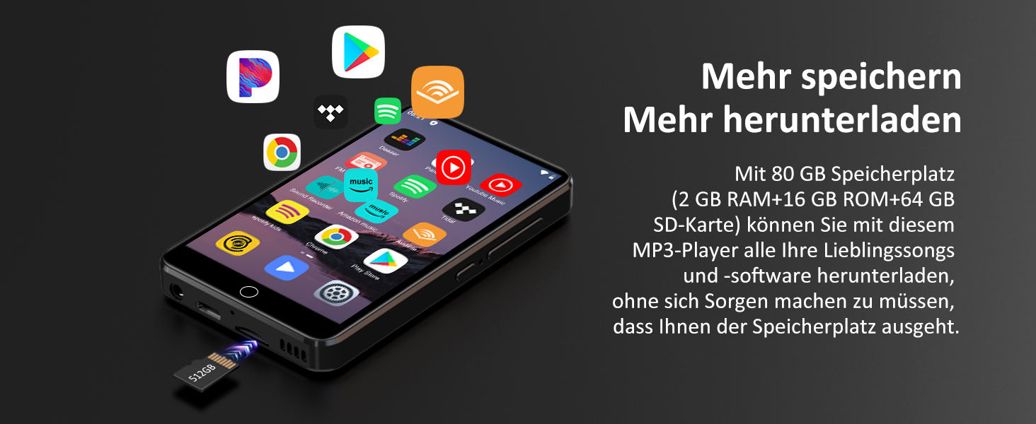 MP3 плеєр 96GB з Bluetooth, Wi-Fi, Android 13.0, Spotify, FM-радіо (чорний)