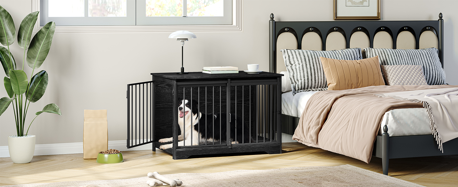 Клітка для собак Hzuaneri, 100 см, дерев'яна, з розсувними дверима, для дому, чорна (100 x 60 x 68 см)