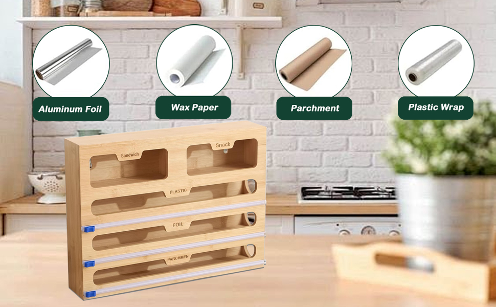 Диспенсер для харчової плівки 5 в 1 з дерев'яною коробкою та різаком, органайзер для кухні