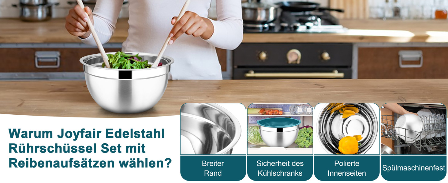 Миска Joyfair 4,5 л з нержавіючої сталі з кришкою, набором терок для приготування їжі, миска для салатів, посудомийна машина - блакитна