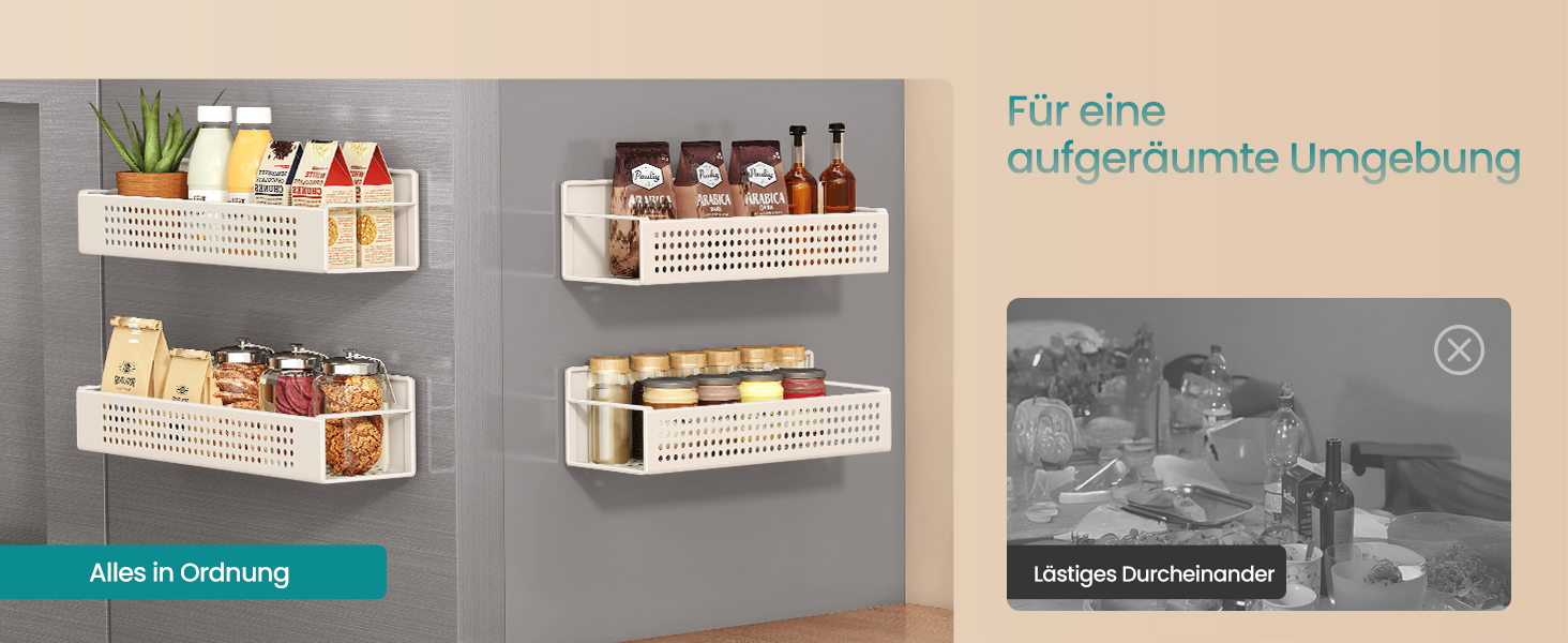 Магнітна полиця для спецій SONGMICS, 4 шт. (2 великі, 2 маленькі), без свердління, для кухні, холодильника, мікрохвильової печі, пральної машини, KCS061B01 (кремово-білий, сталь)