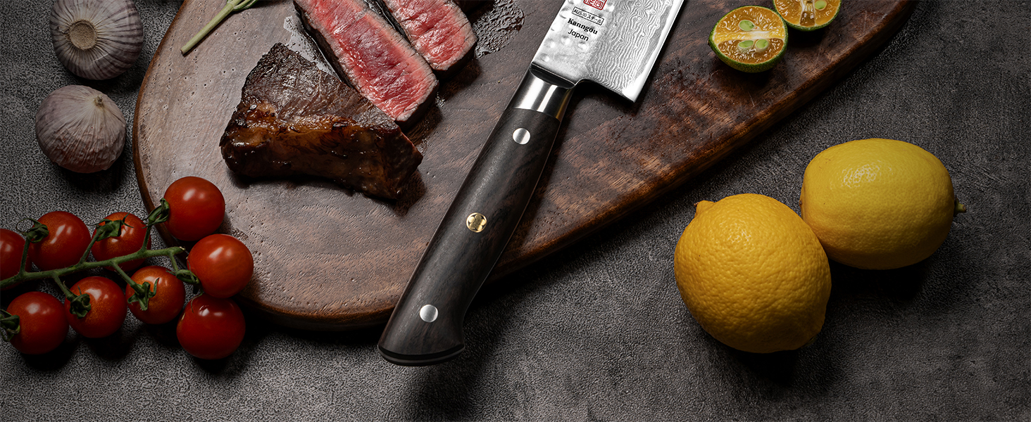 Ніж кухарський Kanngou Gyuto 21 см, японська дамаська сталь (67 шарів), рукоять з чорного дерева, професійний ніж у подарунковій коробці