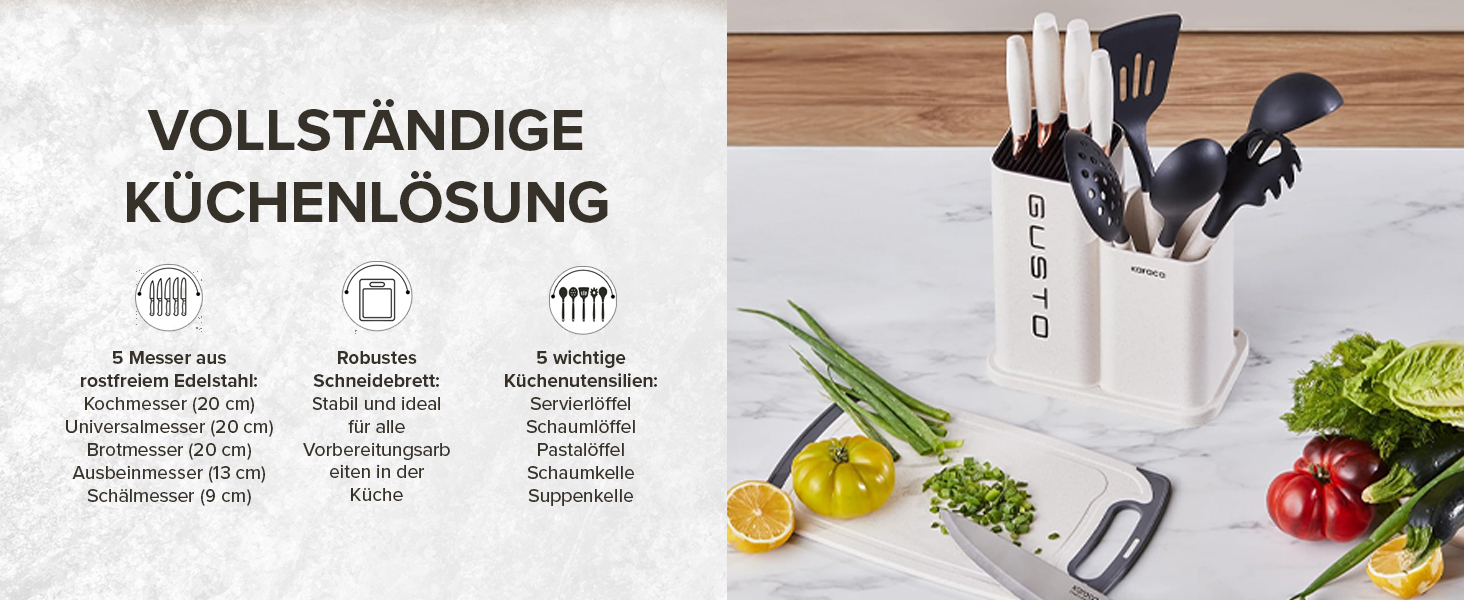 Набір ножів Karaca Gusto 12 предметів з дощечкою та кухонними аксесуарами. Ножі з нержавіючої сталі, ергономічні ручки. Чорний колір.