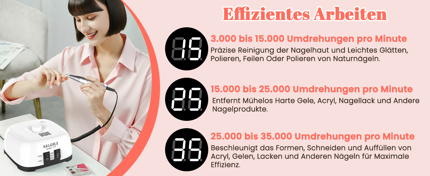 Електричний фрезер для нігтів NAILGIRLS 11 в 1 з педалем, 35000 об/хв - манікюр та педикюр