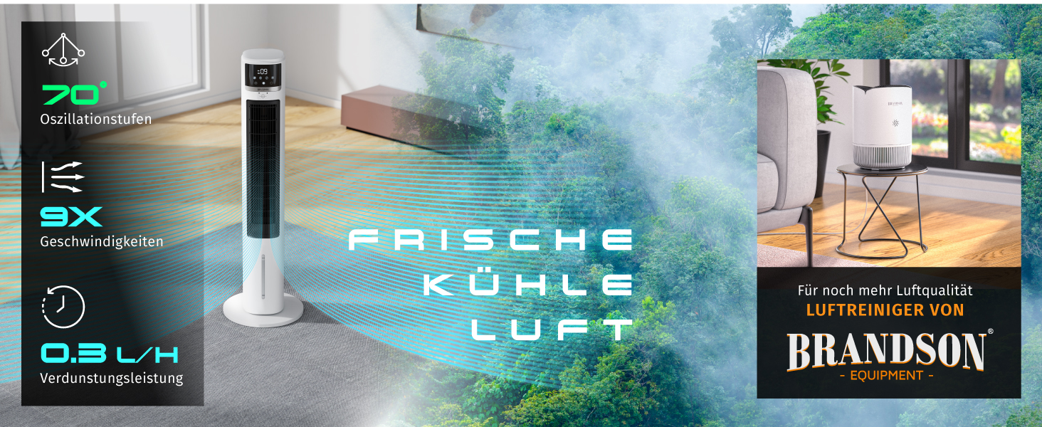 Вентилятор з водяним охолодженням Brandson ECO Design: тихий, 9 швидкостей, таймер, осциляція, іонізація, з пультом, білий