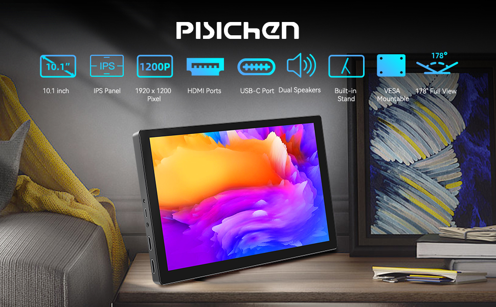 Портативний монітор 10.1 дюйма Full HD IPS LCD екран з HDMI та USB Type C для ноутбука, ПК, PS4/5, Xbox, Rasp Pi (без тачскріну)