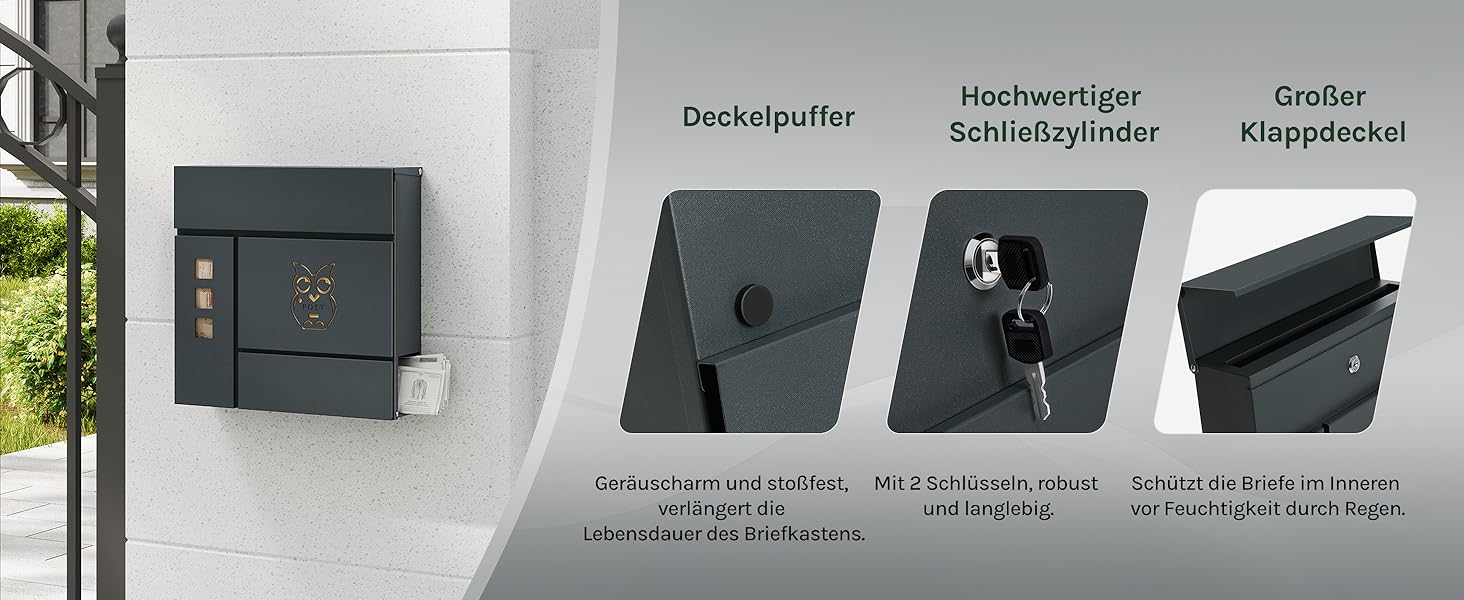 Поштова скринька WOLTU XXL з газетницею, оглядовим вікном, замком та 2 ключами, антрацит+жовтий (10,5x37x37 см)