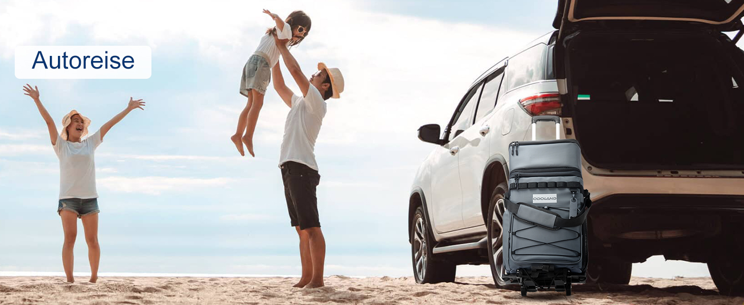 Термосумка Odoland 72 літри з колесами та ручкою – сіра. Ізольована сумка-холодильник для пікніка, пляжу, кемпінгу, подорожей. Витримує 72 банки. Водонепроникна та витікання не допускає.