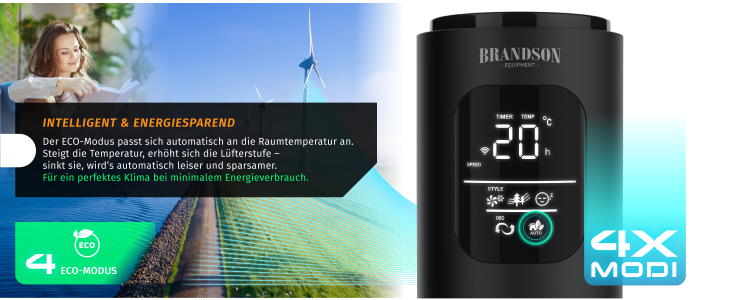 Турбовентилятор Brandson ECO з DC мотором: тихий, Wi-Fi, Smart Home, керування через додаток/Alexa, осциляція, чорний
