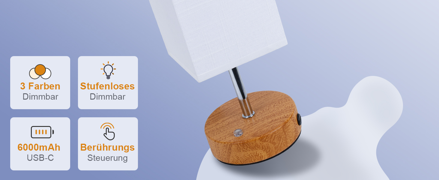 Бездротова настільна лампа TRUMPETS з акумулятором, сенсорне керування, регулювання яскравості, 3 колірні температури, USB-C, 6000mAh, для вітальні/спальні