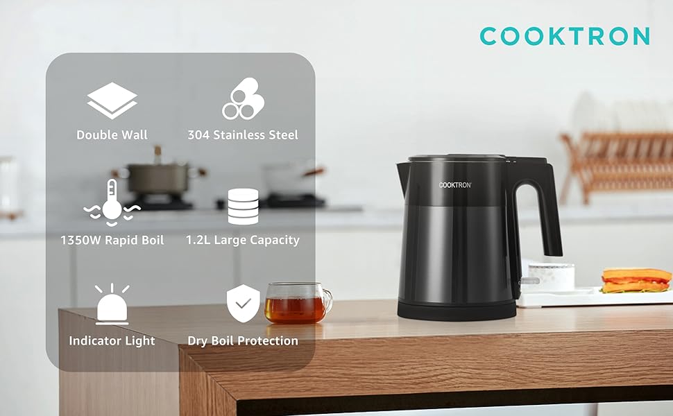 Електричний чайник Cooktron з нержавіючої сталі, 1.7л, тихий (<30дБ), без BPA, Cool Touch, подвійні стінки, швидкий нагрів