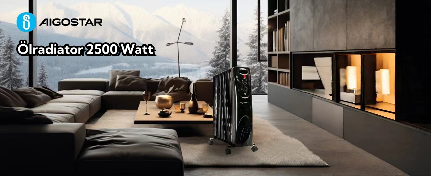 Електричний масляний радіатор Aigostar 2500 Вт з 13 ребрами, 3 режими, термостат, захист від перекидання та перегріву, чорний