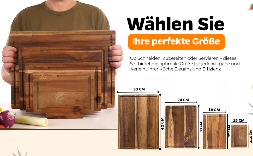 Набір дерев'яних обробних дощок – 4 шт. з акації, жировідштовхувальне покриття • Міцний, довговічний та стильний набір для кухні