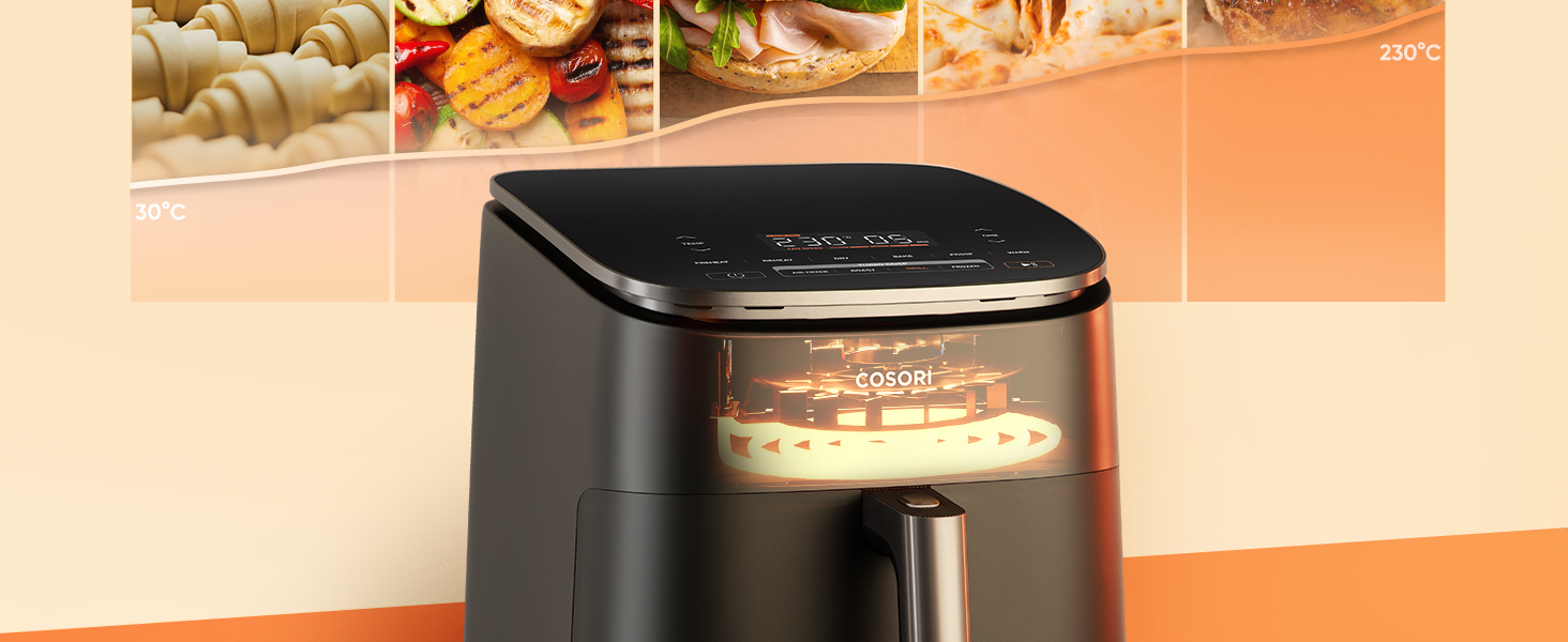 Фритюрниця Cosori Turboblaze з керамічним покриттям, 9-в-1, об'єм 6л, XXL, тихий DC мотор, 87 рецептів, колір: вугільний сірий