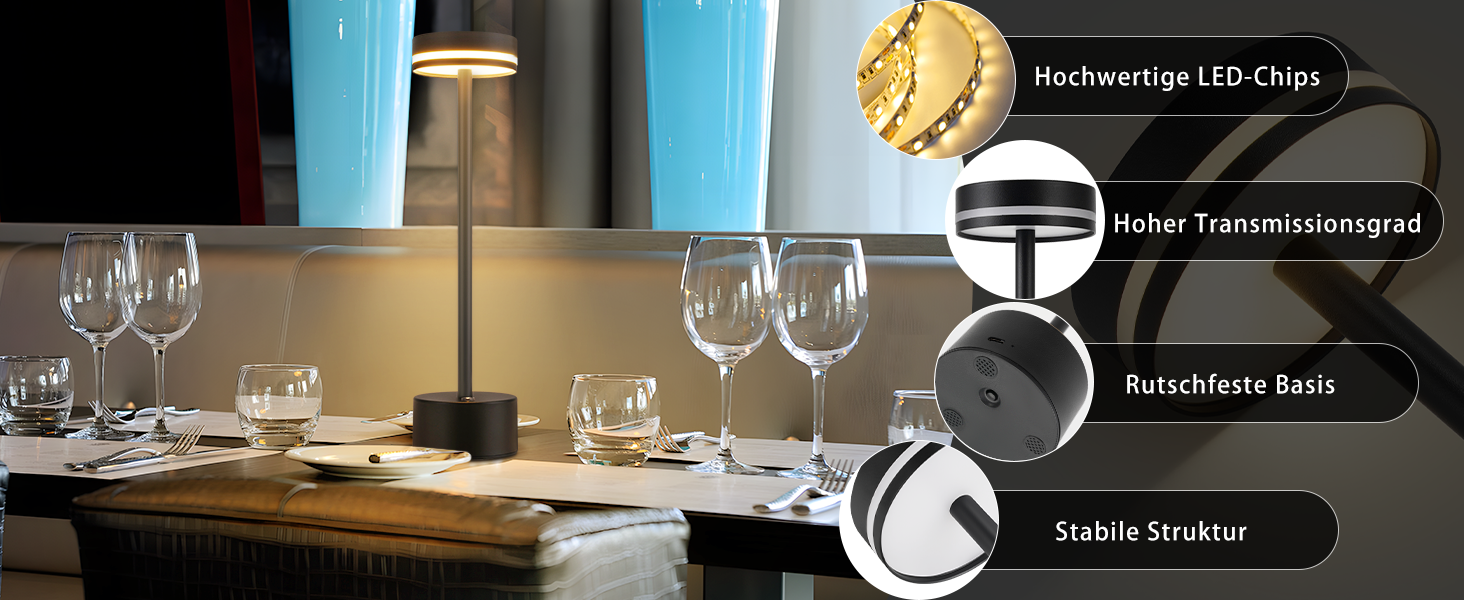 Настільна LED лампа акумуляторна 2 в 1 Schwarz - бездротова нічна лампа з димером, USB-C зарядка, сенсорне керування, для спальні, вітальні, офісу - чорна