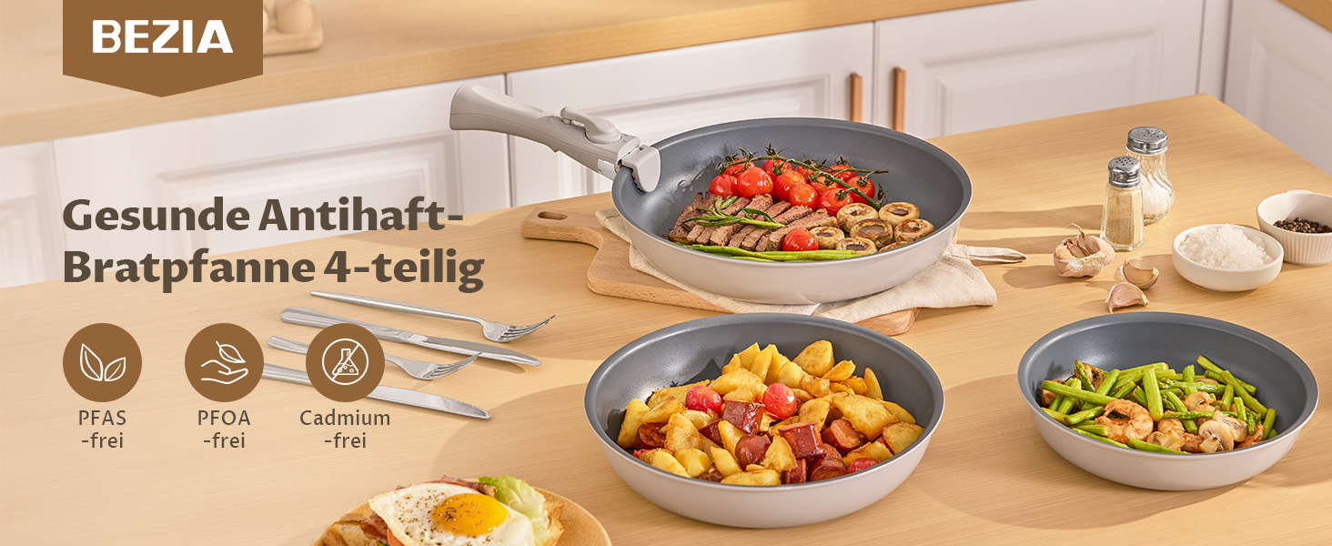 Набір сковорідок Induktion 4 шт. з термоіндикатором, антипригарне покриття, сумісний з усіма плитами, для кухні та кемпінгу