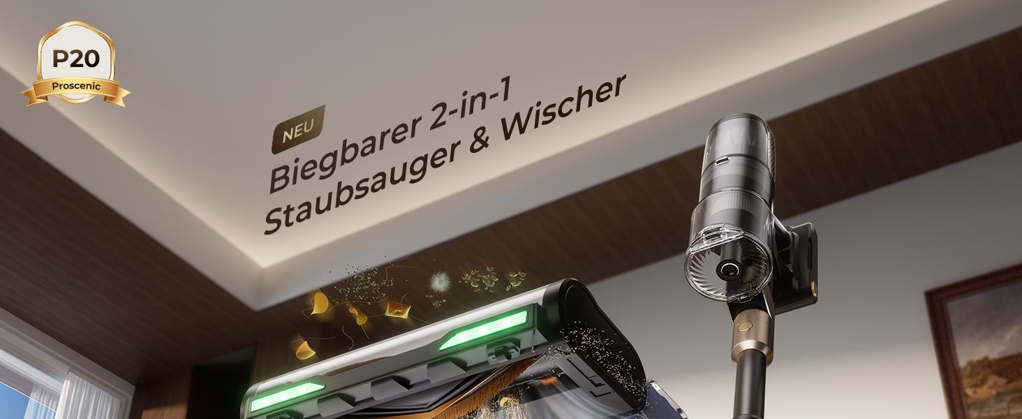 Бездротовий пилосос Proscenic P20 з функцією миття, 70KPa, 70 хв, 680W, самостійна док-станція, фільтр 6 шарів, 1,5л, для килимів та шерсті домашніх тварин, Aurum Black