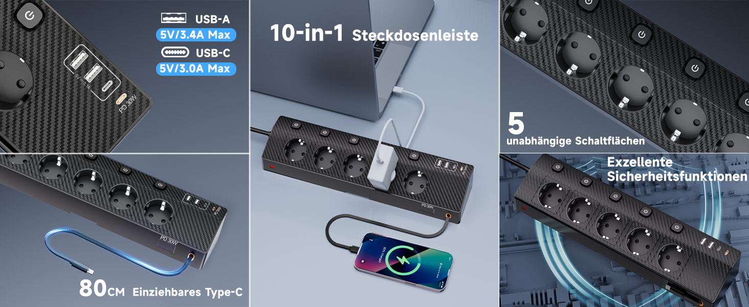 Настільний мережевий фільтр з 5 розетками та 2 USB-C (PD 30W), подовжувач з вимикачем, 4000 Вт, кабель 3м, чорний