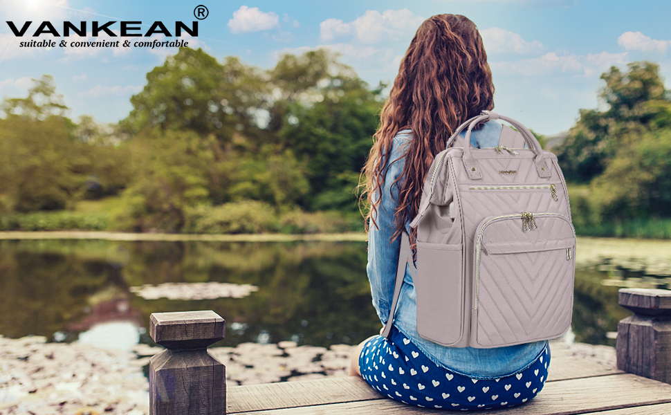 Рюкзак для ноутбука Vankean для жінок, 15.6-16.2 дюйми, з USB-портом, водонепроникний, для роботи/школи/подорожей, квітковий дизайн (світло-рожевий)