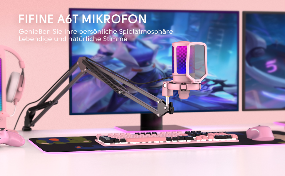 Мікрофон FIFINE для ігор та стримінгу, USB, з кріпленням, для ПК, MAC, PS4, PS5 (Рожевий)