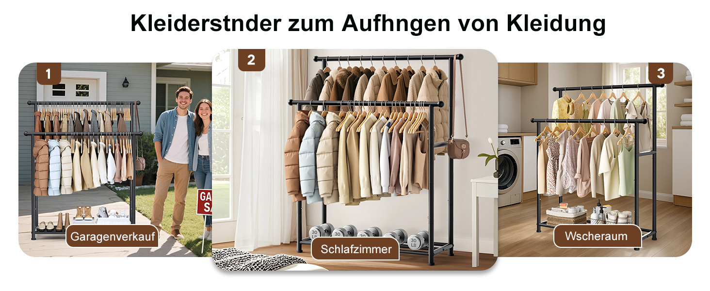 MISSLO Двоярусна вішалка для одягу, міцна, переносний гардероб для спальні, вітальні (чорний)