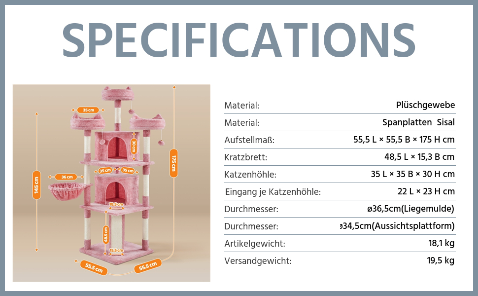 Кігтеточка-комплекс Yaheetech для котів 174 см з 3 платформами, ігровий будиночок, рожевий