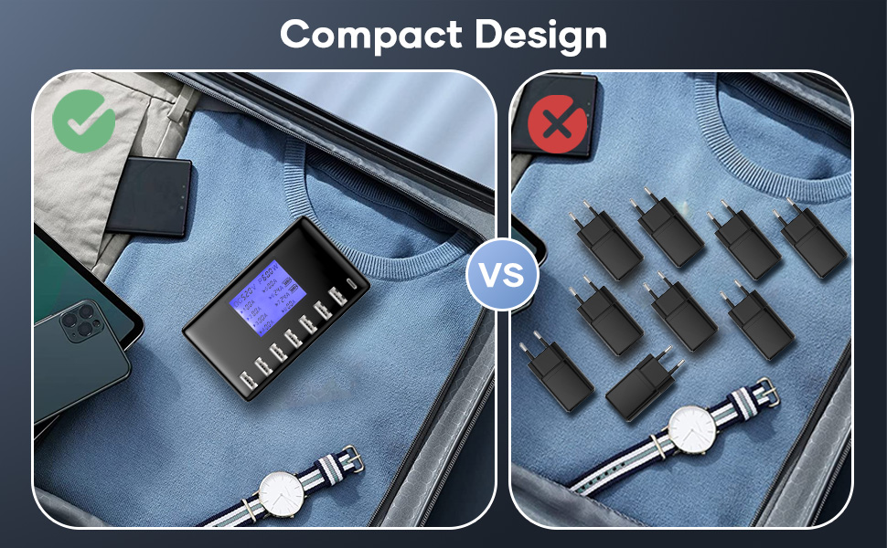 Зарядний пристрій USB 60W, 8 портів, з LCD дисплеєм, USB-C Hub для iPhone, iPad, Android, Samsung, Huawei, Kindle - Чорний