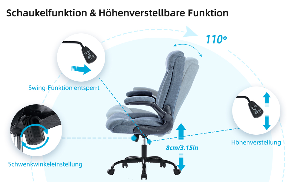 Ергономічне крісло для офісу, ігрове, з регульованими підлокітниками, висотою, комфортне (Блакитний, тканина)