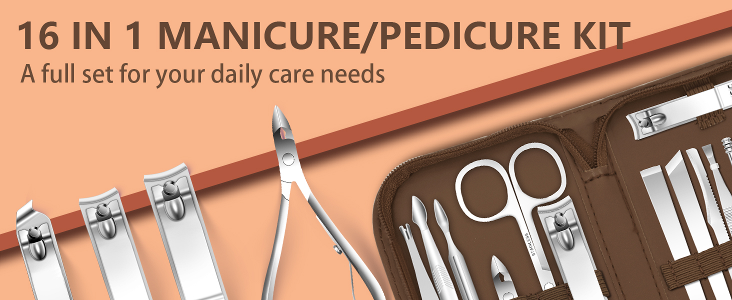 Набір для манікюру та педикюру, 16 шт. з нержавіючої сталі, професійний, з кейсом для подорожей