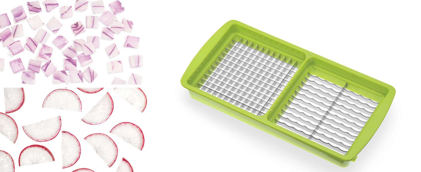 Набір Genius Nicer Dicer Smart 6-елементів: овочерізалка для кубиків, стрічок, скибочок, соломки та чвертей. Зручний подрібнювач цибулі з телевізійної реклами Kiwi.