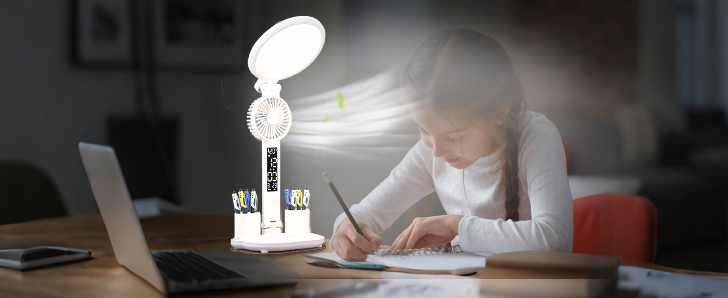 LED-лампа настільна з вентилятором для дітей WLHONG з годинником, тримачем для ручок, календарем та датчиком температури, 3 режими температури кольору, кругла