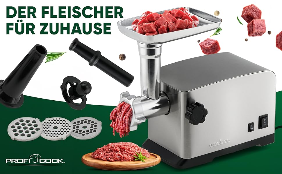Електричний м'ясорубка ProfiCook PC-FW 1272 з насадкою для печива та ковбасних виробів | 1200W, нержавіюча сталь (2024)