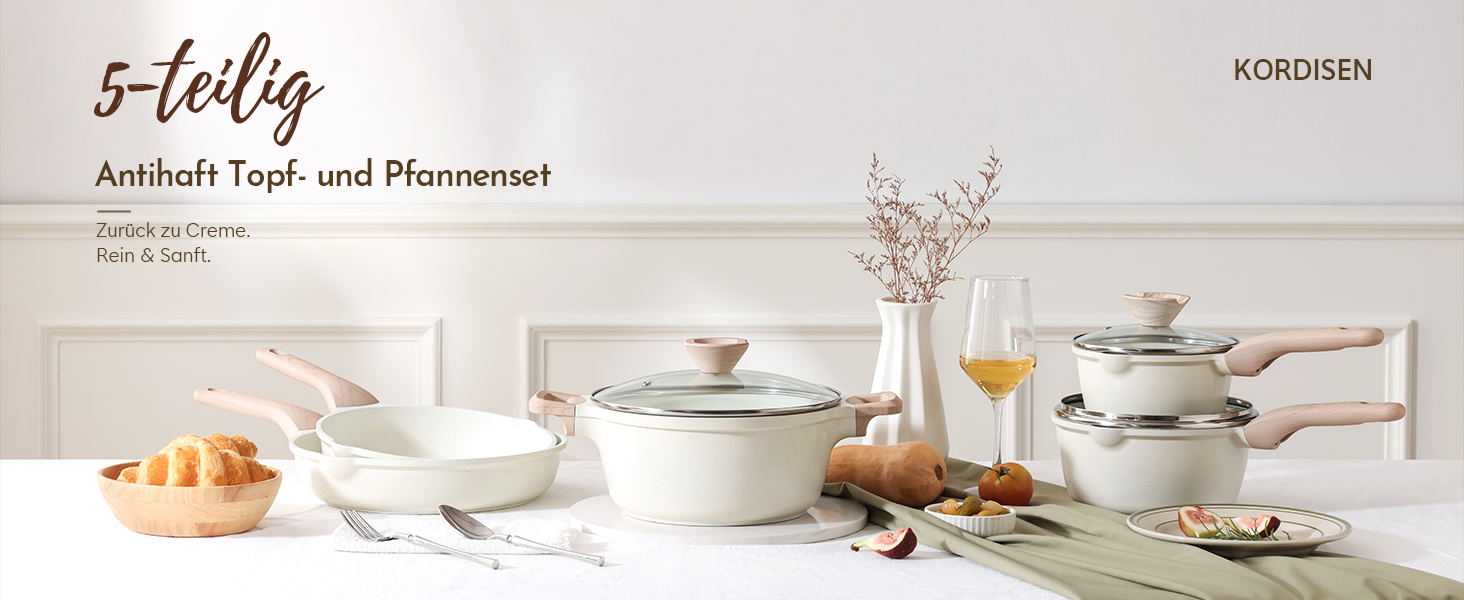 Набір посуду Kordisen з антипригарним покриттям, 5 предметів: каструлі та сковороди, кераміка, білий. Підходить для індукційних плит, без PFOA та PFAS