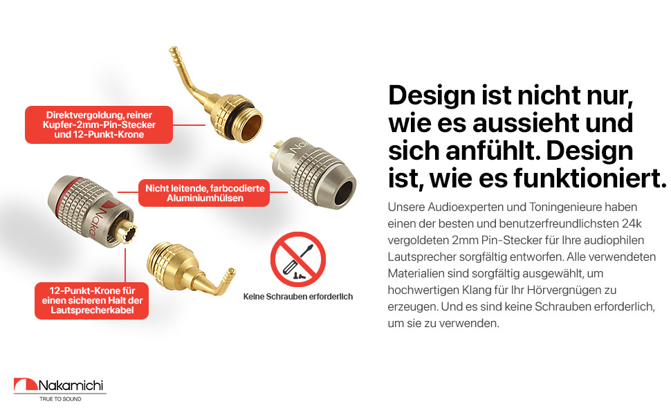 Бананові роз'єми Nakamichi FanLock Excel-Serie, 24K позолочені штекери 2мм для акустичних кабелів Hi-Fi, 10-18 AWG, 4мм, 4 шт (2 пари)