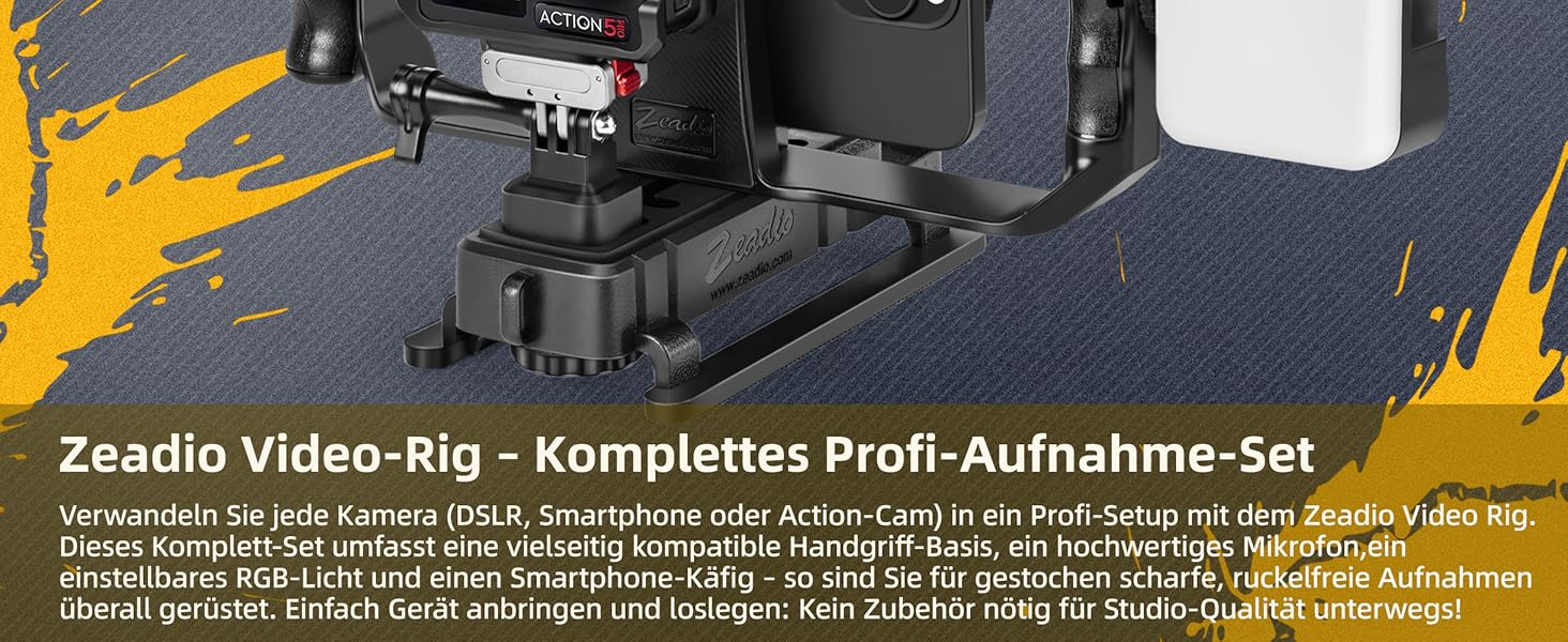 Стабілізатор Zeadio Tripel Zubehörschuh для смартфона з відео-рігом, ручка для камери, екшн-камери, DSLR та смартфонів (Професійний набір)