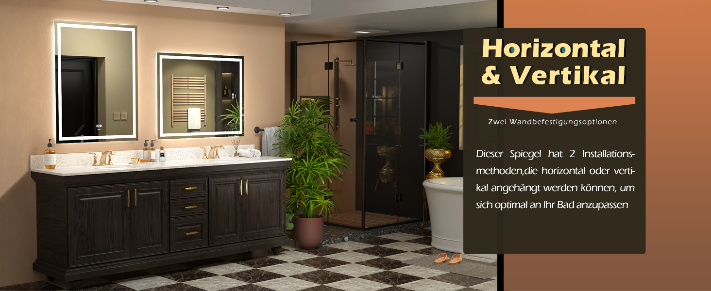 Дзеркало для ванної кімнати LED з підсвічуванням, туалетне дзеркало настінне, 6500K, антитуманне, водонепроникне IP44, вертикальне/горизонтальне (70 x 50 см)