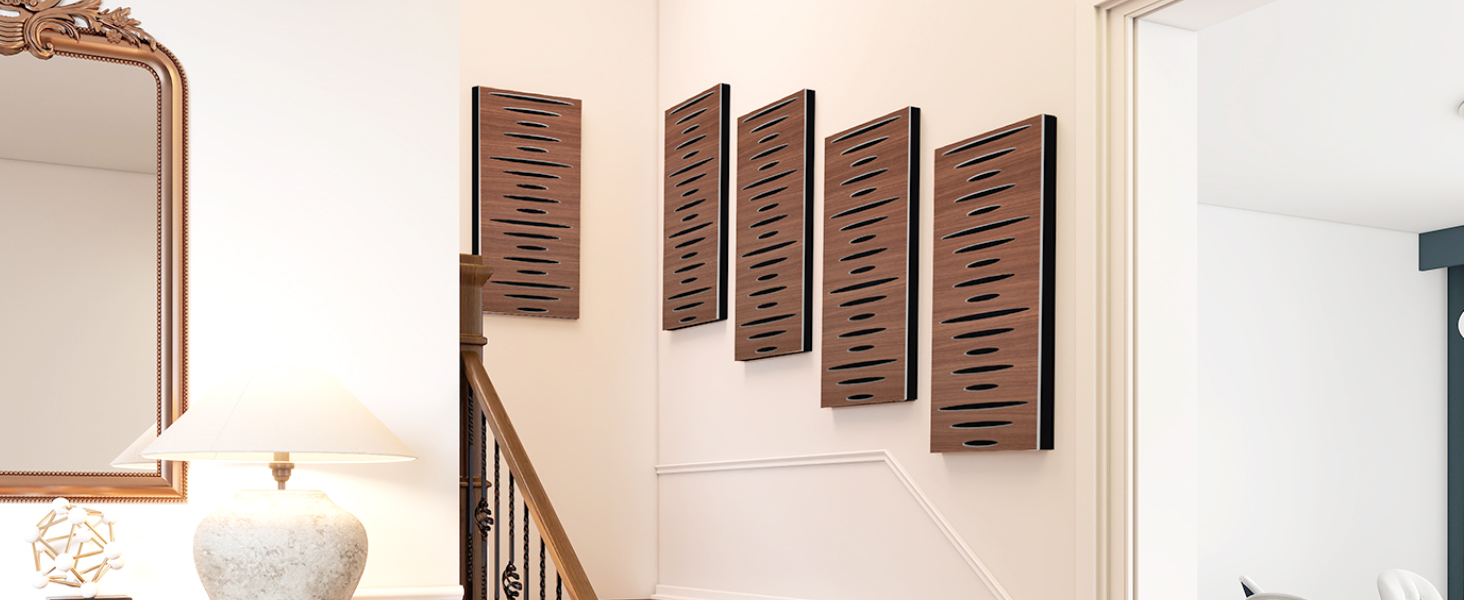 Акустичні панелі JBER для звукоізоляції стін, самоклеючі шумопоглинаючі плити з імітацією темного горіха (еліптичний візерунок), 60×30×4.5 см, 4 шт — для студії та дому