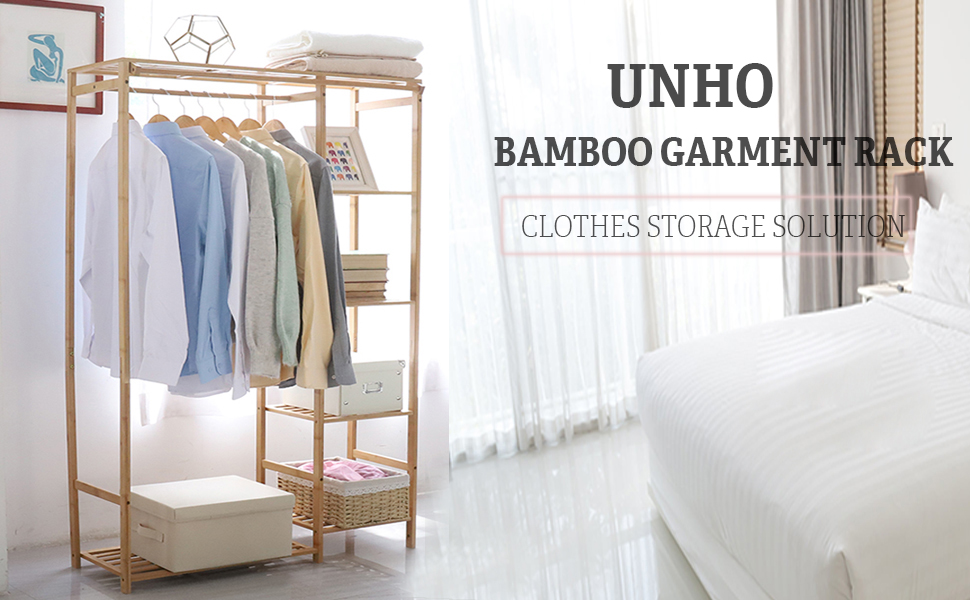 Bamboo Clothes Rack, Coat Stand with Shelves, Laundry Rack with Curtain and Clothes Rail, 90x30x146.6cm