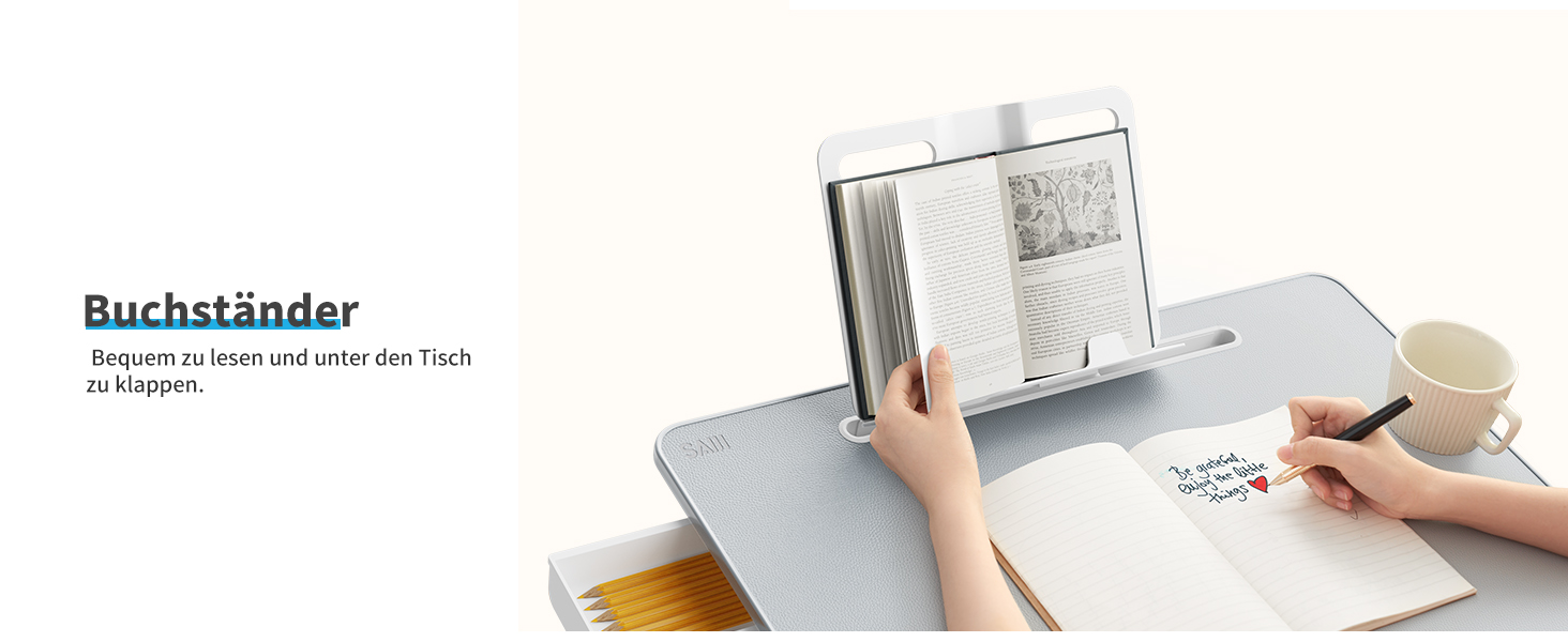 Столик для ноутбука SAIJI 60x45 см, регульована висота, з підставкою для книг, ящиком та кріпленням для планшета. Ідеально для роботи, читання та сніданку.