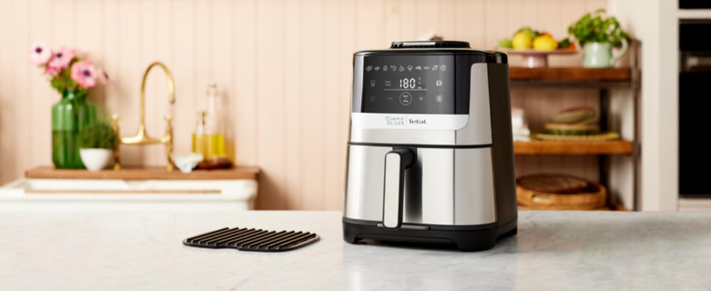 Аерофритюрниця Jamie Oliver by Tefal Easy Fry Silence Deluxe EY55JDE0, тиха, 5 л, 10 програм, цифровий сенсорний дисплей, з решіткою та кришкою, чорний/нержавіюча сталь