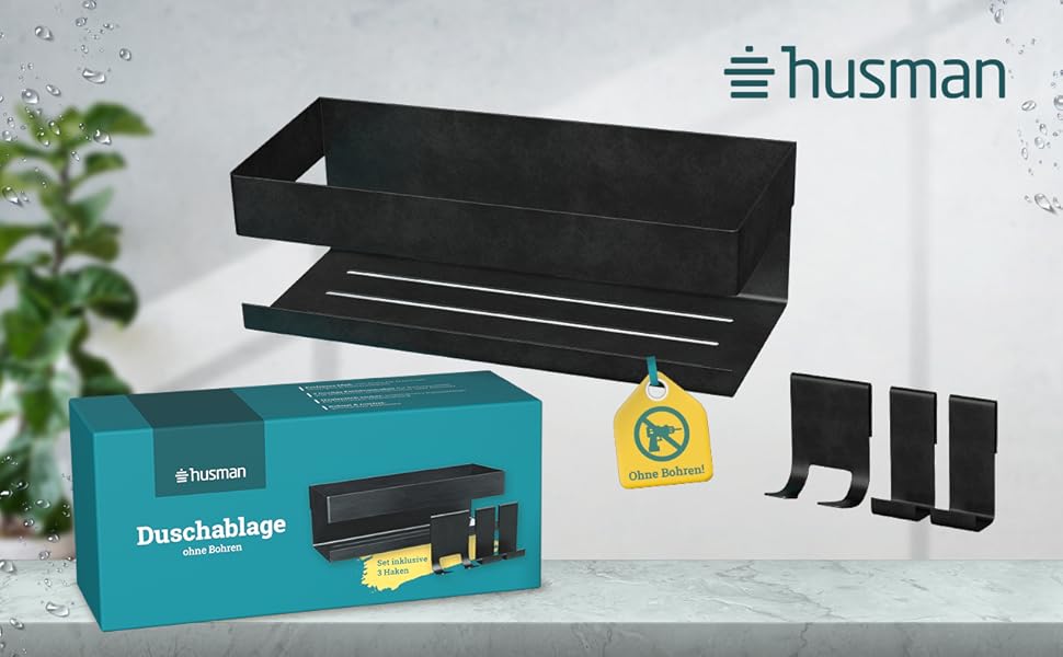 Полка для душу Husman® без свердління | Нержавіюча сталь, матовий чорний | Зливні канавки та 3 гачки | Кріплення на клей | Корзина для душу, поличка для ванної кімнати, органайзер для ванної та кухні