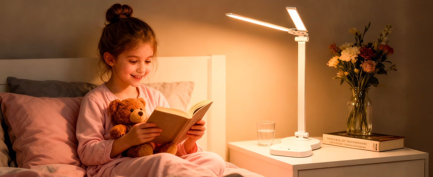 Стійка лампа для робочого столу з двома регульованими головками, 5 режимів кольору, 10 рівнів яскравості, сенсорне керування, таймер 45 хв, диммування, для дому, офісу, читання, навчання - біла