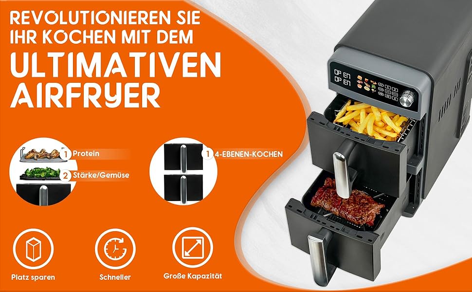 Фритюрниця повітряна подвійна 10L з 2 відсіками | 2400W, 9 програм, таймер, економія енергії, миється в посудомийній машині, сірий колір