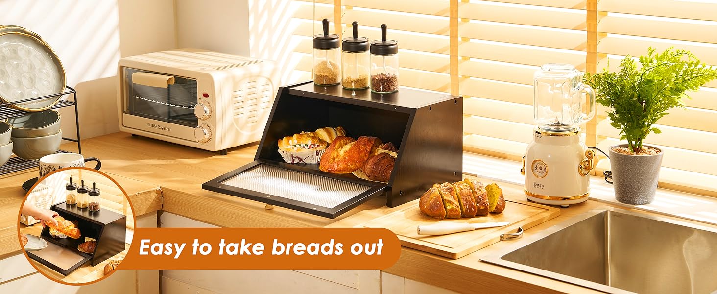 YOUDENOVA Хлібниця з дощечкою для нарізання, дерев'яна хлібниця, коробка для зберігання, бамбукова скринька для хліба, солі та перечниці, 39x25x20 (ДxШxВ) см, Чорний