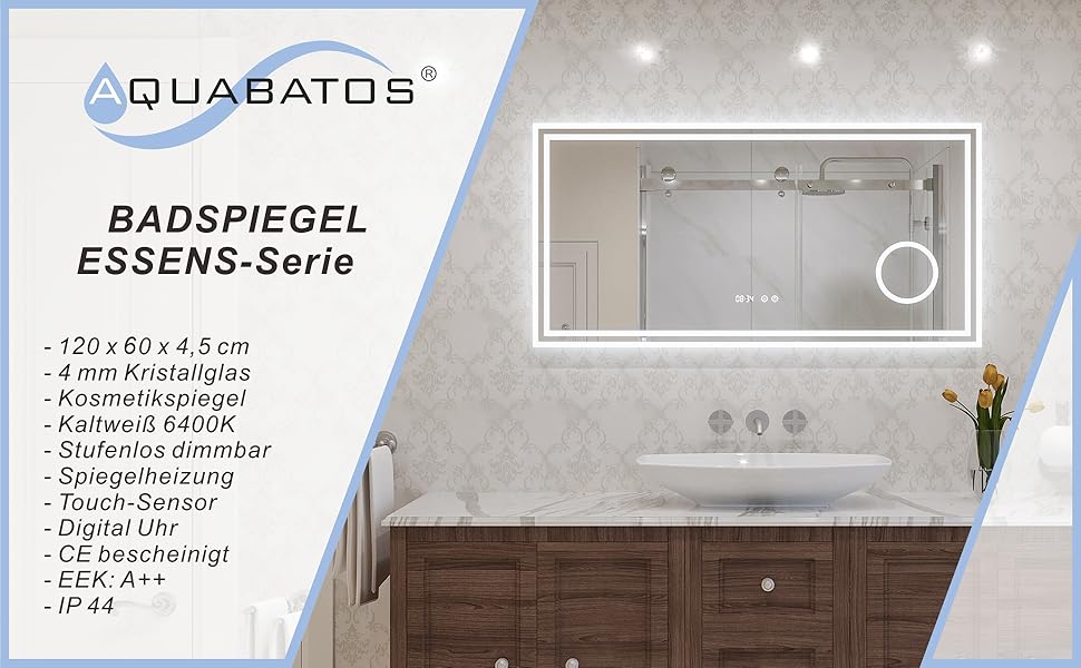 Дзеркало для ванної кімнати AQUABATOS LED 50x70 см з підсвічуванням, сенсорним вимикачем, регулюванням температури світла (6400K), IP44, CE, енергозберігаюче.