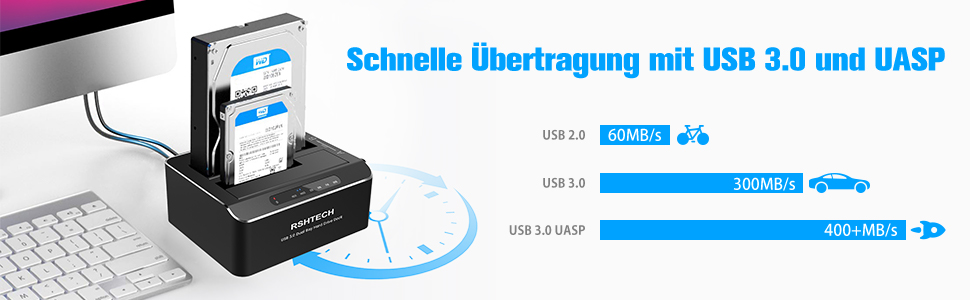 Док-станція для жорстких дисків RSHTECH Dualschacht, USB 3.0, алюміній, підтримка 2.5/3.5 SATA HDD/SSD, 2 x 16TB, Offline-Klonування, RSH-DS01