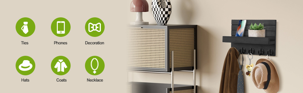 Дерев'яне ключниця на стіну з полицею, чорний колір, 5 гачків, для прихожої, спальні, вітальні