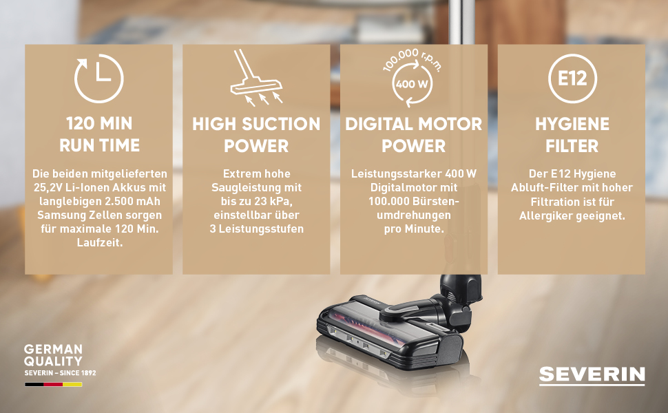 Бездротовий акумуляторний пилосос SEVERIN HV 7166 (Чорний): 60 хв роботи, 2-в-1, для тварин, легкий, без мішка, 400 Вт